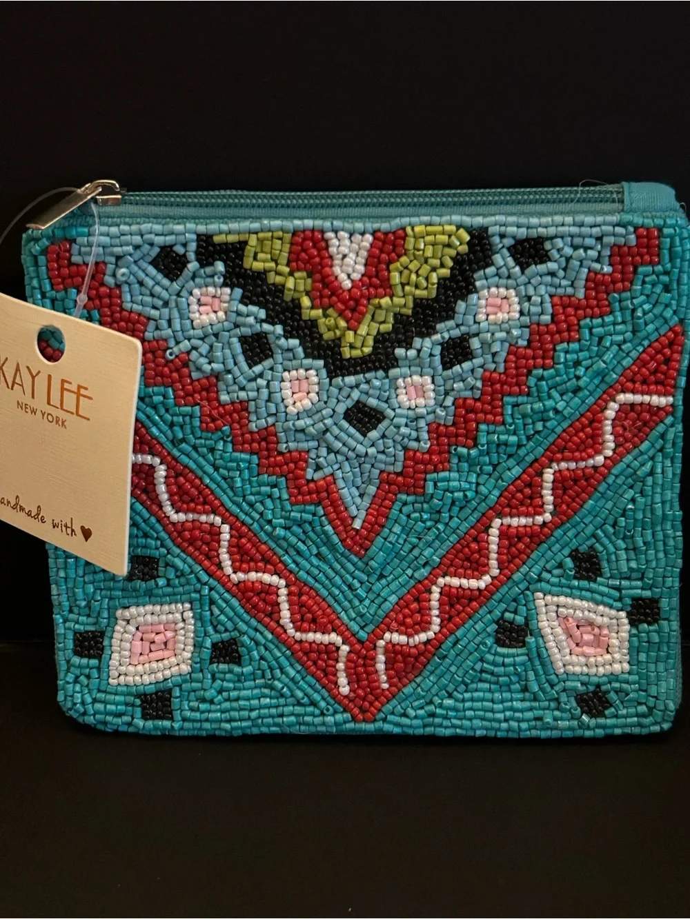 Handmade in India Turquoise & Red Beaded Top Zipper Close Cosmetic Coin Pouch